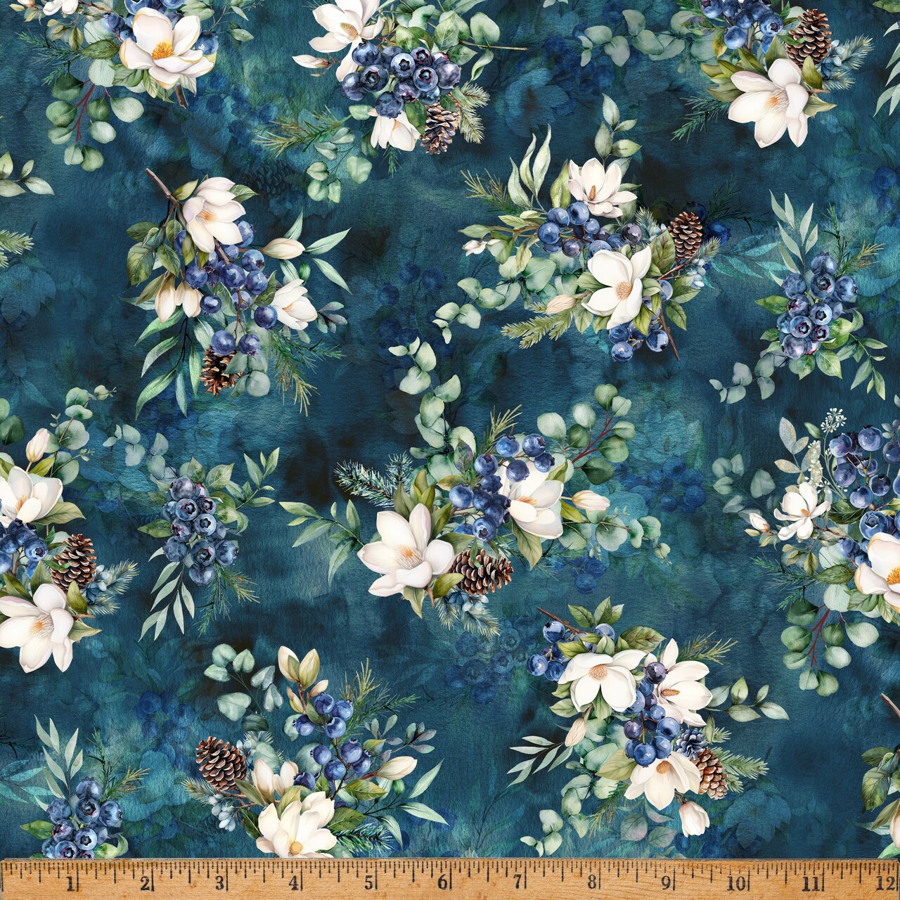 Fabric Hoffman Blueberry Berries and Pinecones Forest Fawn by the Quarter Yard X5582-87